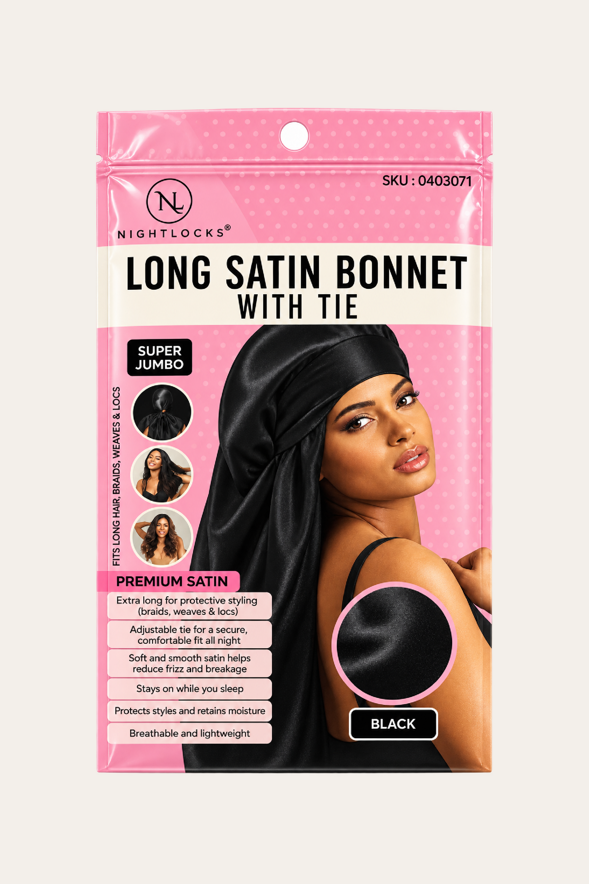NightLocks Long Satin Bonnet with Tie – Black